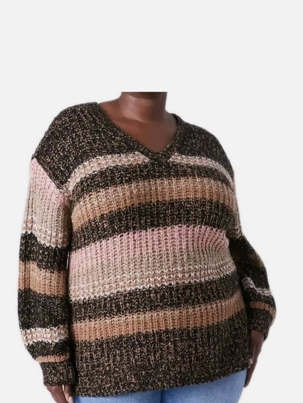 Lane Bryant Striped V-Neck Chunky Knit Sweater - Brown, Tan & Pink Accent